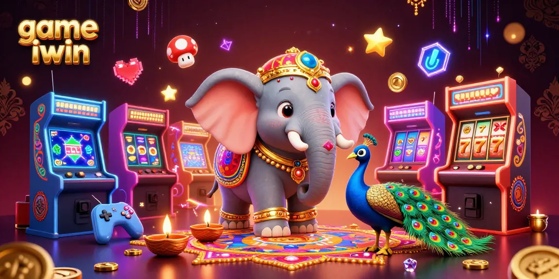 Play game iwin with an exciting 3D illustration of vibrant casino elements and characters.