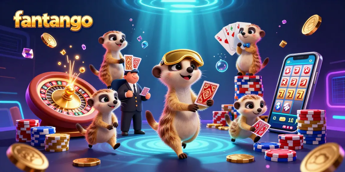 Experience thrilling gameplay at fantango with lively meerkat casino characters amidst heaps of gold coins and dazzling gems.