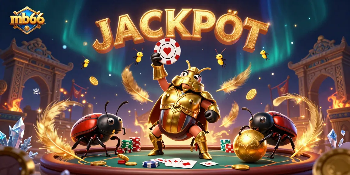 mb66 showcases a heroic beetle lifting a poker chip in a vibrant casino scene filled with winning elements.