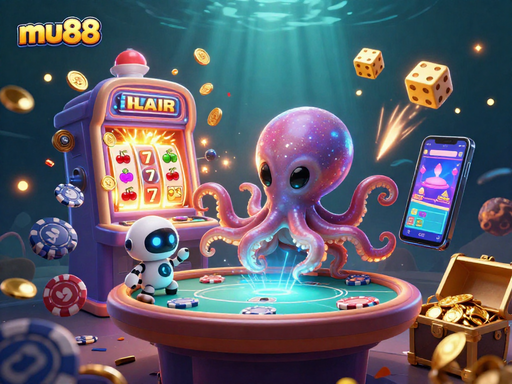 Engage with mu88 as a vibrant alien octopus masterfully plays poker amidst cosmic casino excitement.