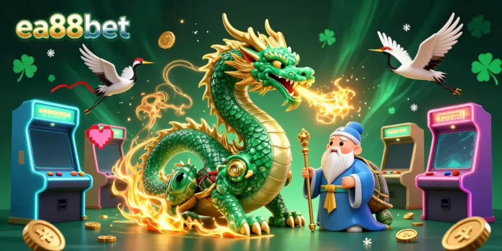 Engage with epic gaming moments at ea88bet with a jade dragon, wise turtle, and lucky cranes in vibrant 3D.