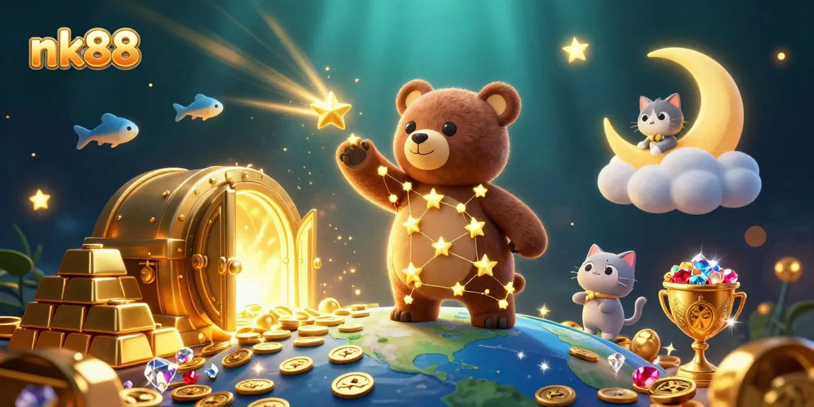 Experience endless fun with nk88 as the constellation bear collects coins amidst a magical casino scene.