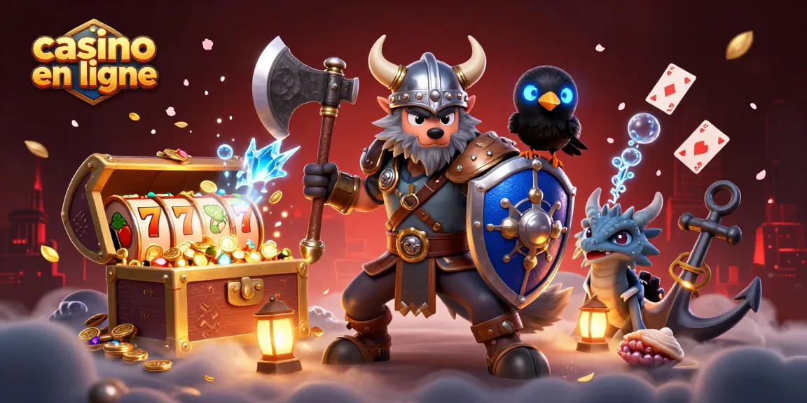 Jouez à des jeux de casino en ligne avec un guerrier viking, un dragon et des éléments colorés.