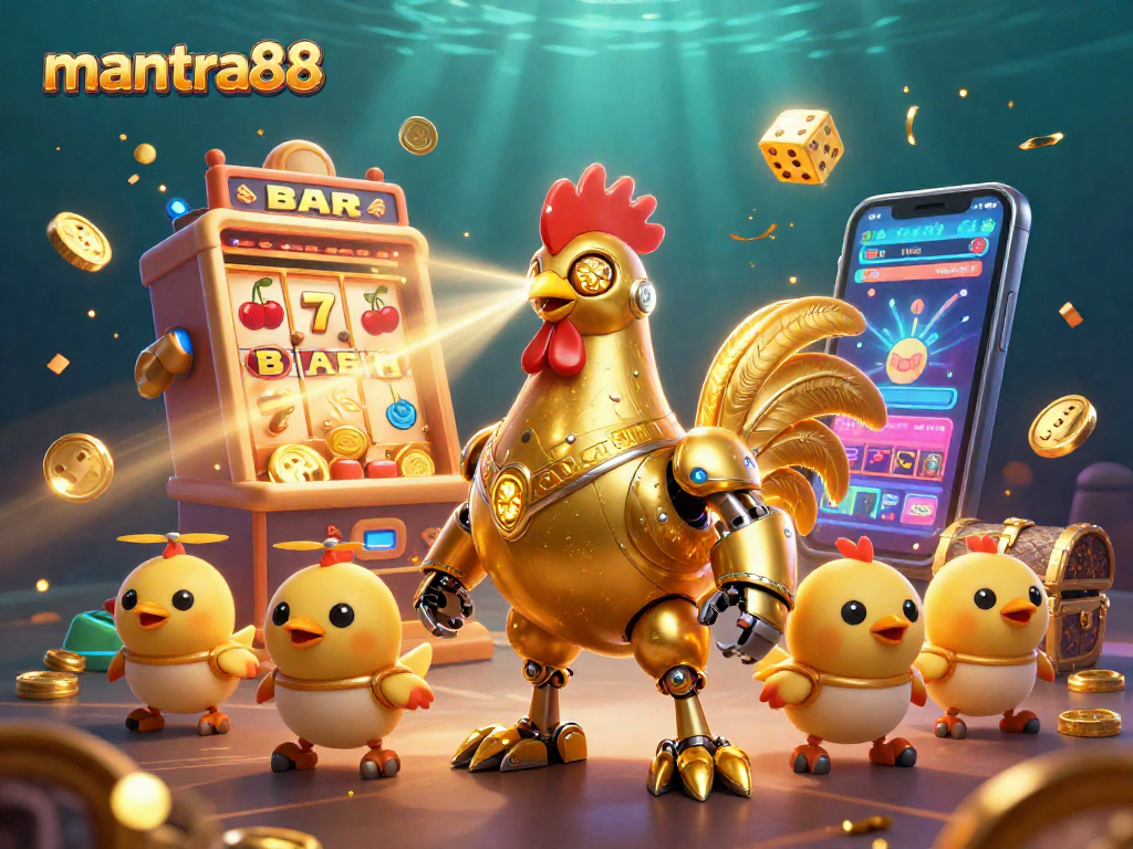 Engage with mantra88's thrilling gaming scene featuring vibrant slot elements and animated characters.