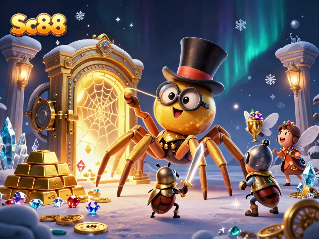 Engage in epic dreams with Sc88, where a golden tarantula weaves luxury amidst casino treasures.
