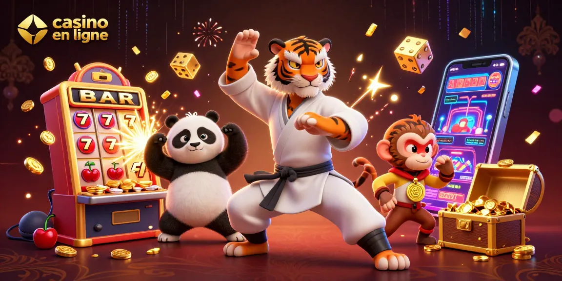 Jouer à des jeux de casino en ligne avec un tigre kung fu, un panda et un singe dans une scène captivante.