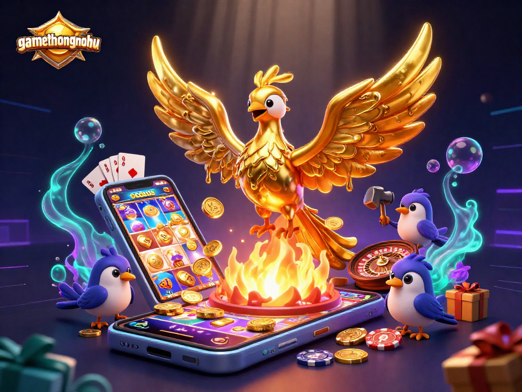 gamethuongnohu showcases a golden phoenix with vivid casino elements creating an exciting gaming atmosphere.