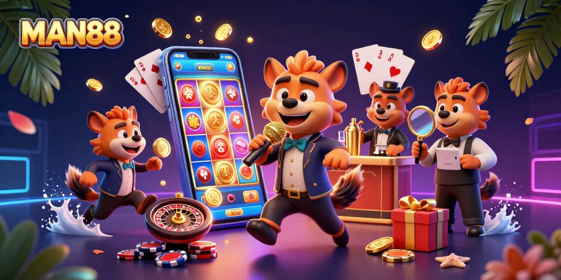MAN88 showcases an animated casino scene with hyena characters entertaining and serving drinks in a vibrant setting.