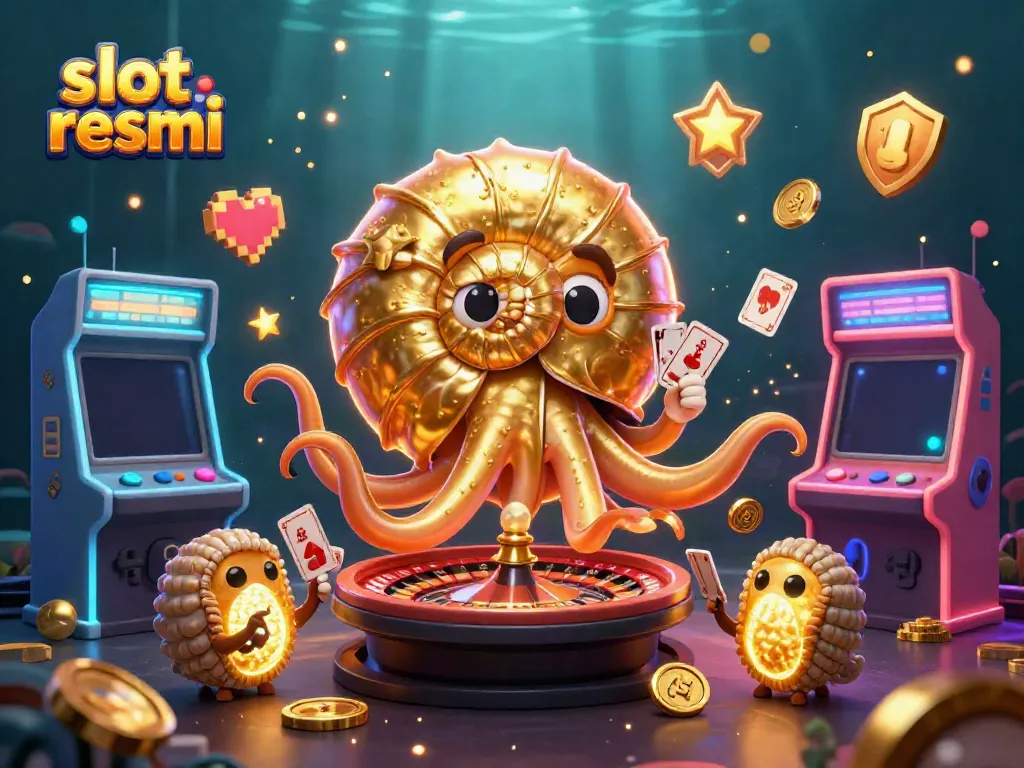 Engage in the exciting world of slot resmi with a vibrant 3D casino scene featuring a giant nautilus and game elements.