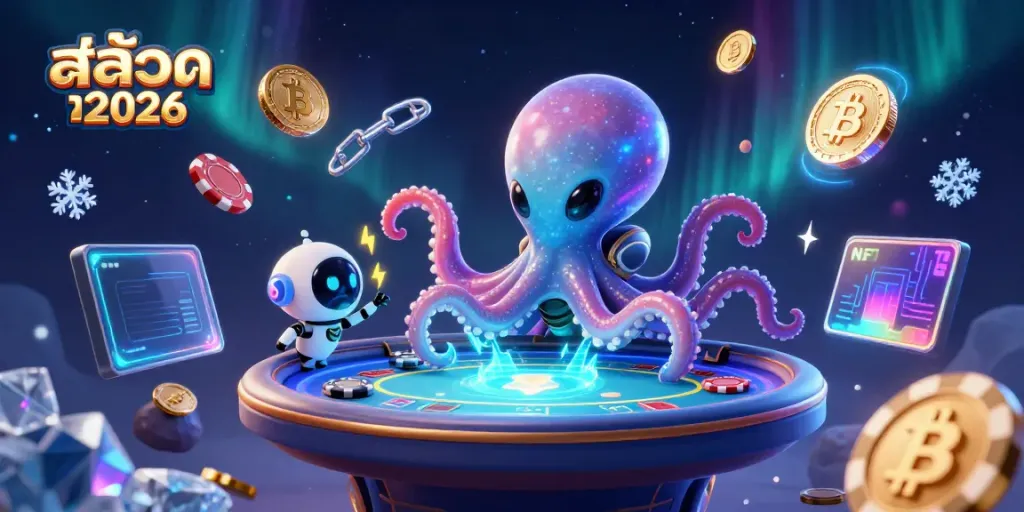 Experience thrilling moments in สล็อตเว็บตรง 2026 with an alien octopus managing a crypto poker table amidst vibrant cosmic elements.