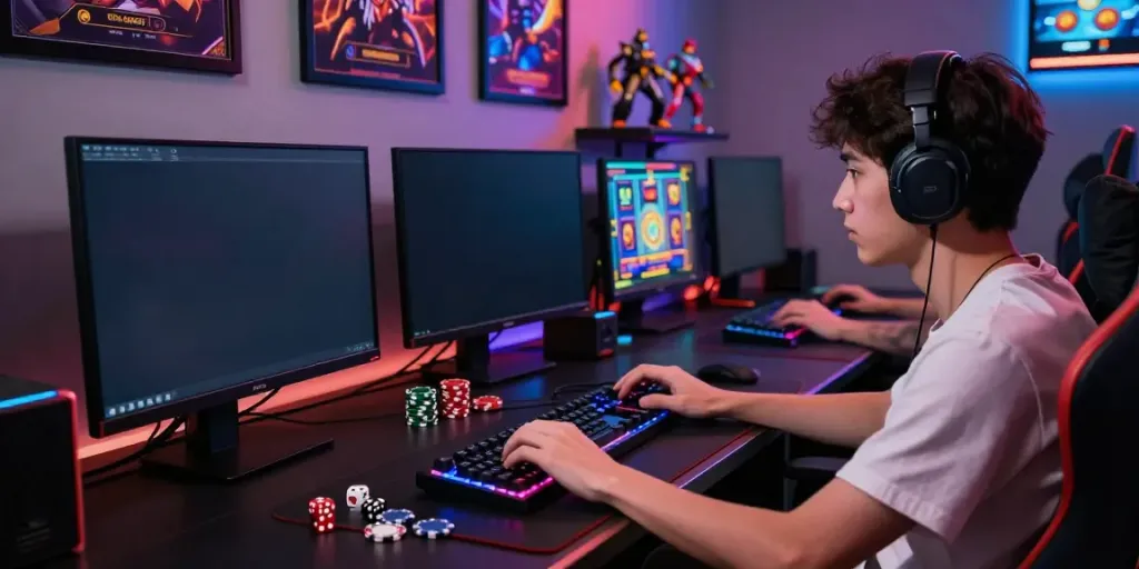 Exciting gaming environment featuring a player focused on situs gacor slot games with vibrant graphics.