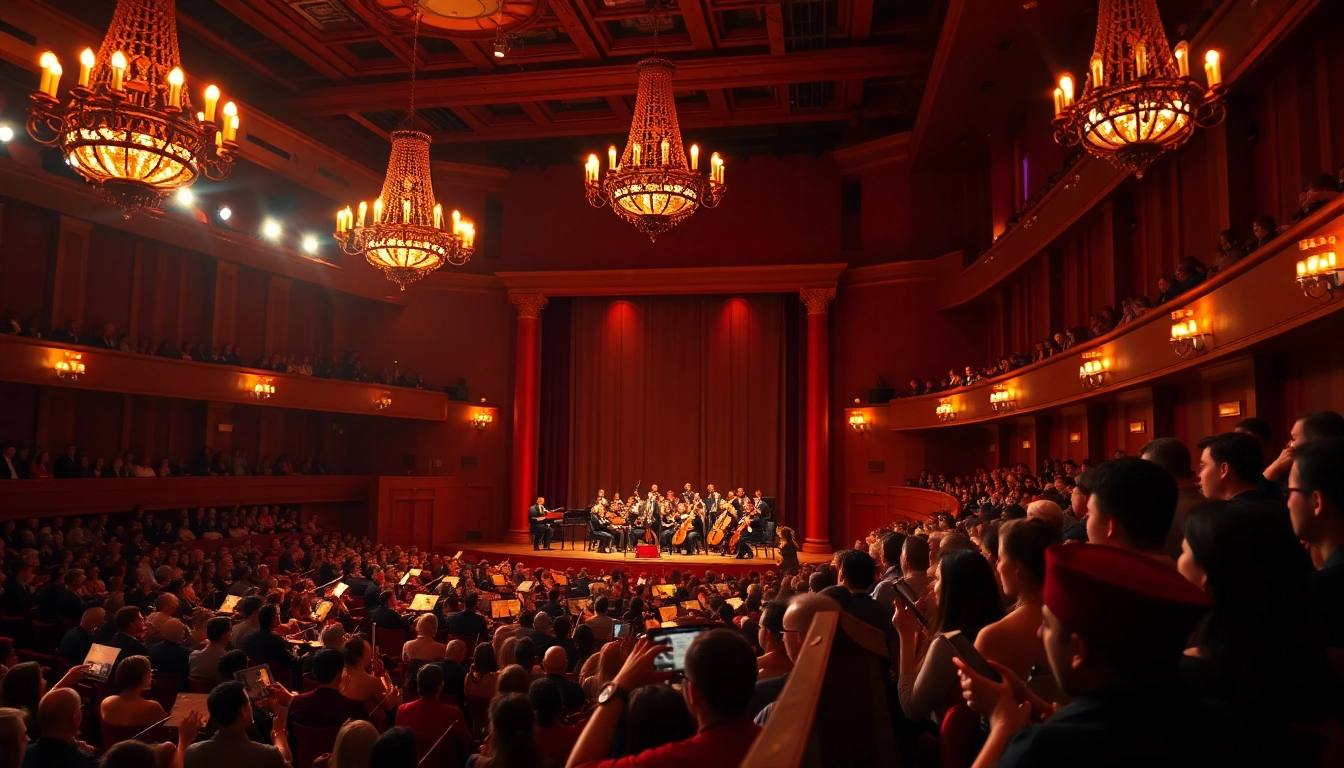 Muzica clasica performed live in a beautifully lit concert hall, captivating the audience.