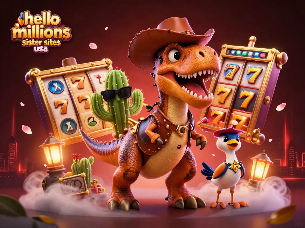 Play at hello millions sister sites usa with dynamic 3D visual featuring a dinosaur and casino elements.