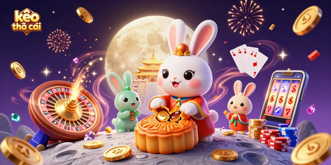 Bet on excitement at kèo nhà cái with moon rabbits revealing hidden poker chips amidst dazzling casino elements.