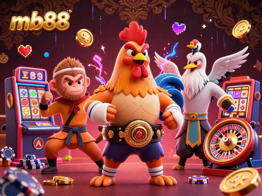 Experience thrilling gameplay at mb88 with a vibrant 3D illustration showcasing casino elements and dynamic characters.