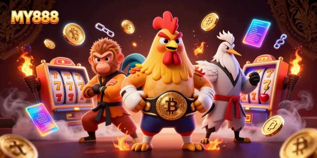 Engage with MY888's vibrant gaming world featuring lively characters amidst slot machine symbols and cryptocurrency elements.