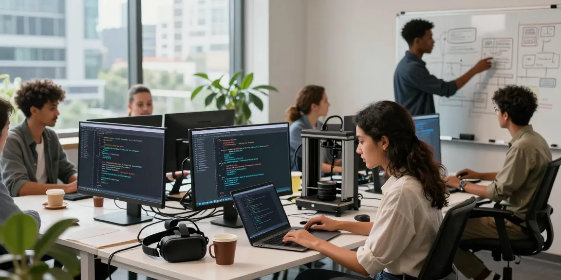 Software developers collaborating in a modern workspace featuring 456bd project on screens.