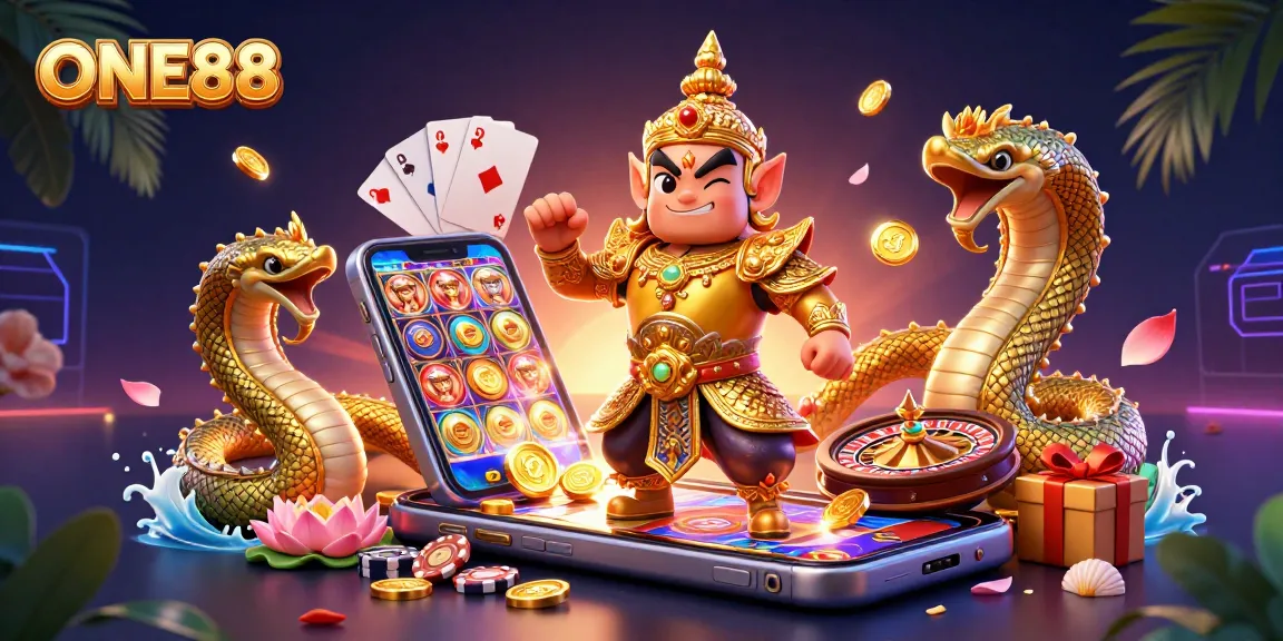 Experience the thrill of ONE88 with vibrant games and captivating characters in an energetic casino scene.