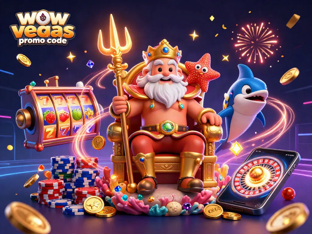 Spin and win with the WOW Vegas casino promo code, featuring vibrant casino elements and action-packed rewards.