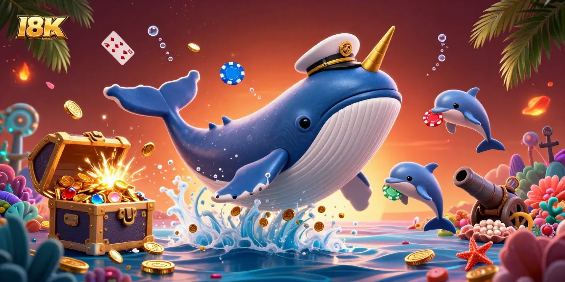 Engage with LGODEWA's thrilling casino adventure as a whale breaches through coins amidst playful dolphins and stunning treasures.