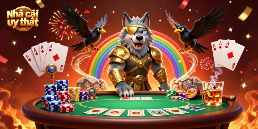 Engage with Nhà cái uy tín in a vibrant 3D casino scene featuring mythological characters and dynamic game elements.
