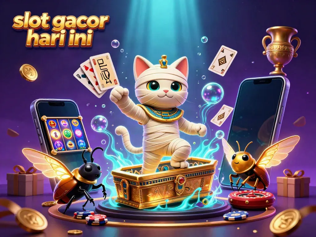 Experience thrill with slot gacor hari ini showcased through an Egyptian mummy cat and vibrant casino elements.