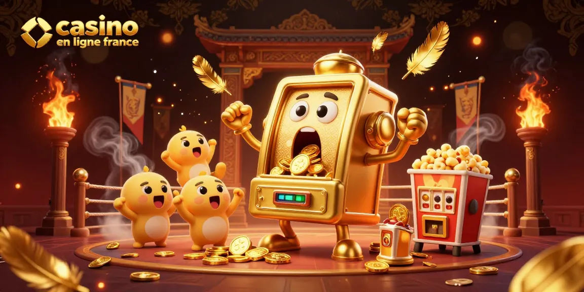 Deux machines à sous et une machine à popcorn révèlent un jackpot dans un casino en ligne France animé.