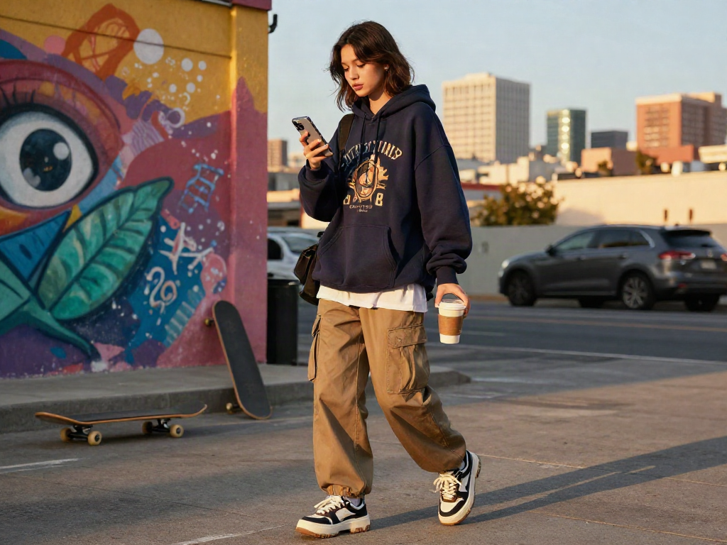 Gaya hidup fashion dengan wanita berpenampilan streetwear dan latar mural kota, menggambarkan konsep luxury111.