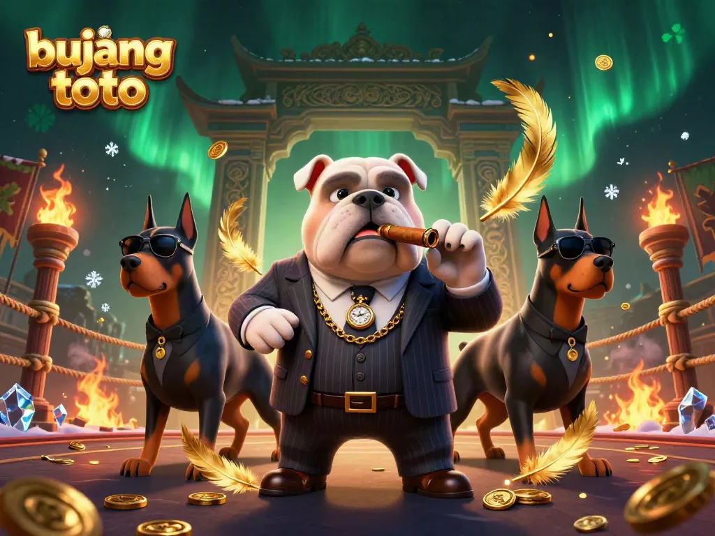 Bujang toto illustration featuring a cartoon mafia bulldog and Doberman bodyguards in a vibrant casino setting.