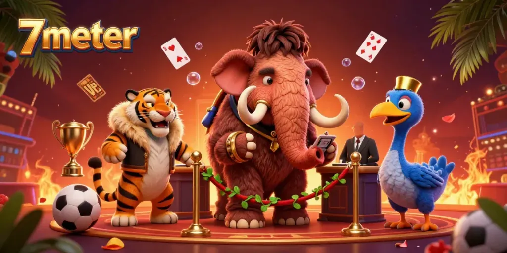 Bet big with 7meter, featuring a mammoth casino bouncer and vibrant sports elements.