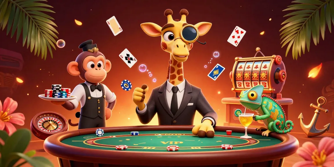 Jouez à des jeux de casino en ligne avec le joueur girafe et ses amis autour d'une table de poker.