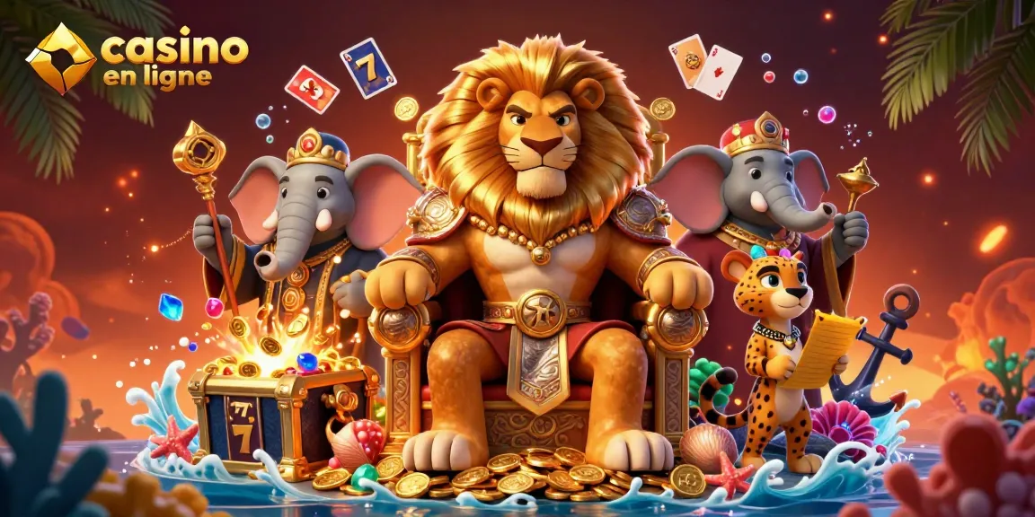 Découvrez un royaume de jeux avec une illustration captivante de casino en ligne, où le roi lion règne sur des trésors.