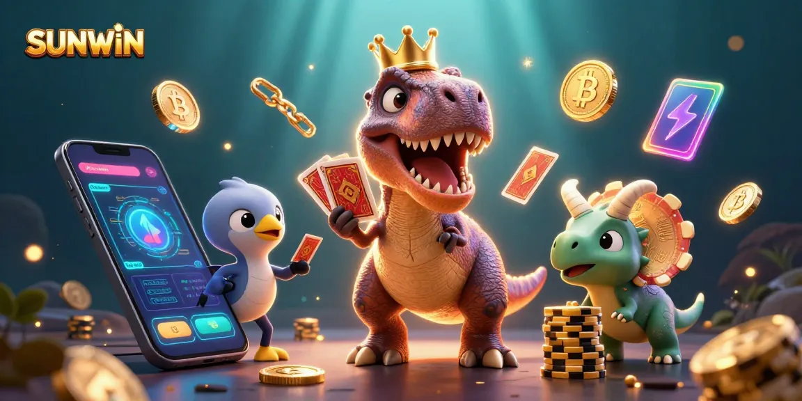 SUNWIN brings to life a vibrant casino scene with playful dinosaurs engaging in card games and stacking chips.