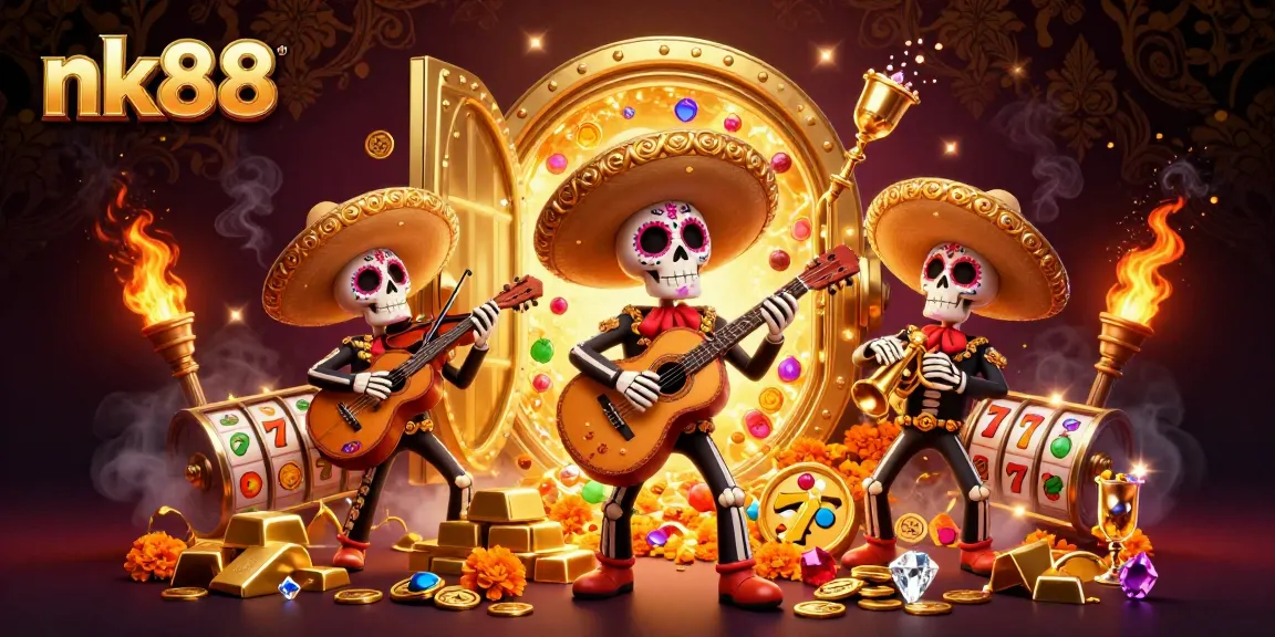 Experience the excitement of nk88 with a vibrant mariachi band surrounded by slot gaming elements.