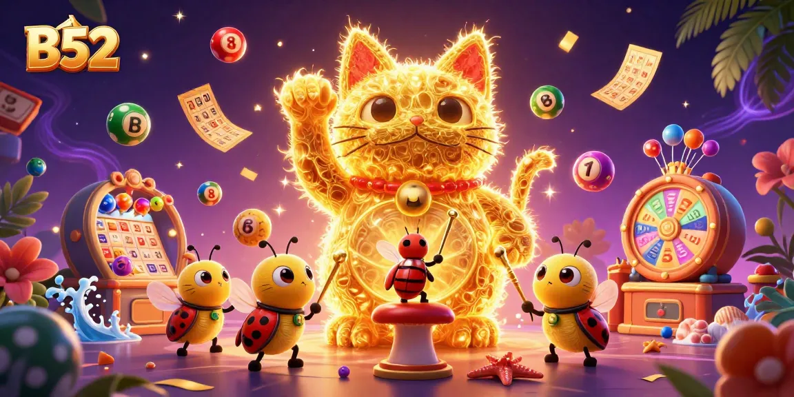 Experience the excitement of B52 with a giant lucky cat and colorful casino symbols in a vibrant 3D scene.