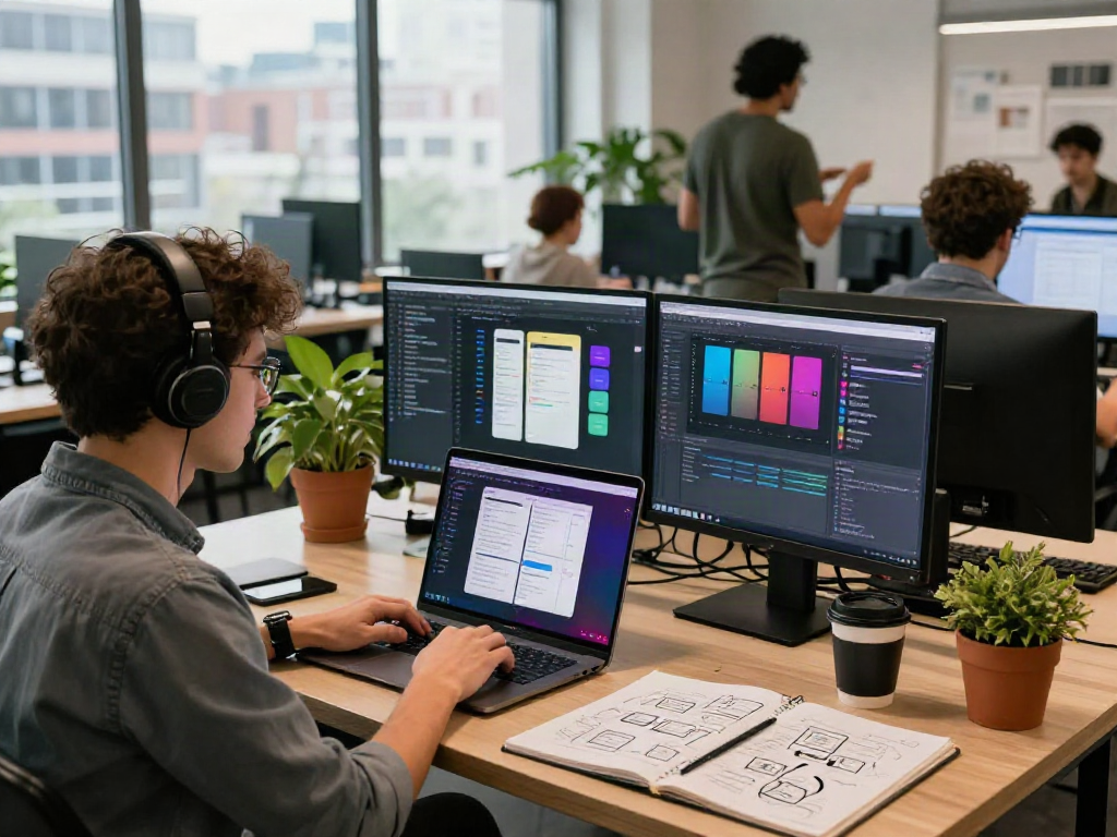 gb whatsapp apk mobile app development scene with a developer coding in a bright co-working space.