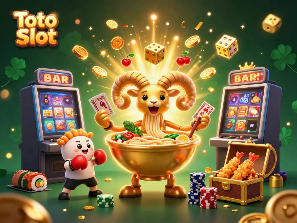 Kemenangan besar dengan Toto Slot di gambar ilustrasi kasino, karakter unik dan slot mesin berjajar.