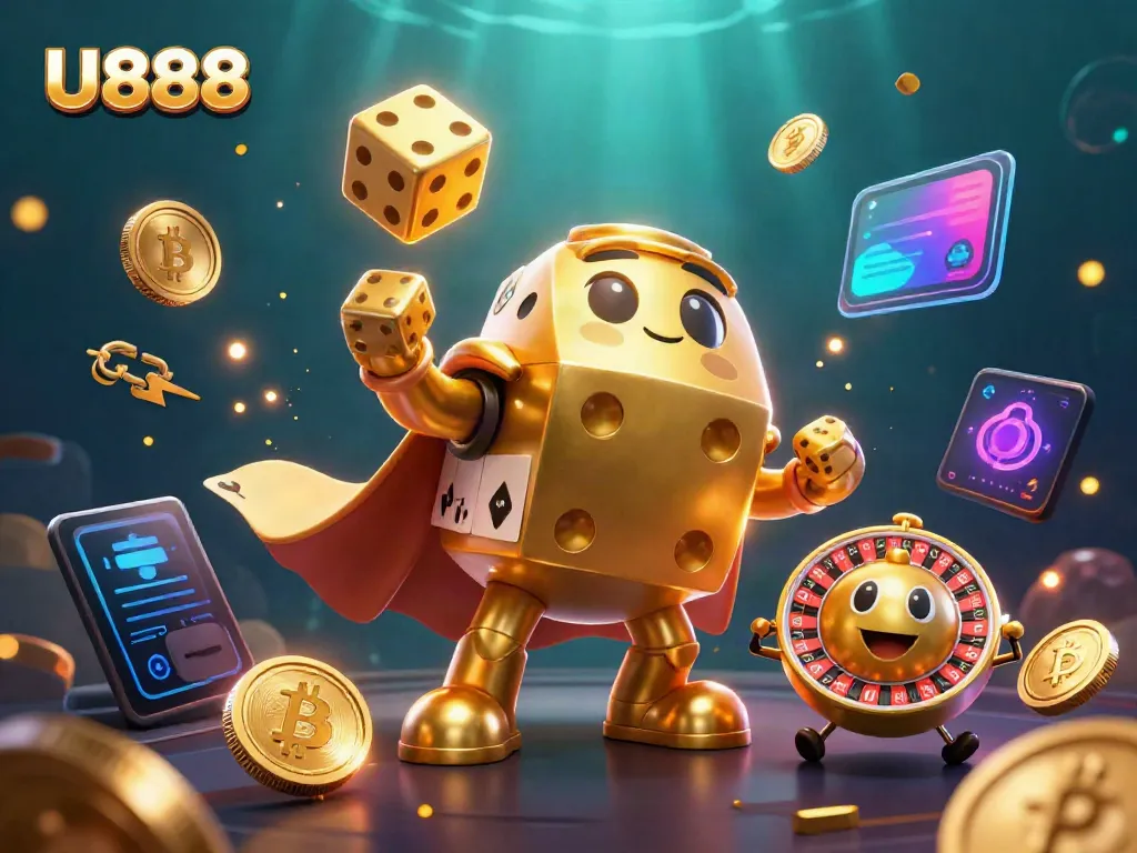 Join the fun at U888 with a lively illustration of a golden dice golem, showcasing exciting casino elements.