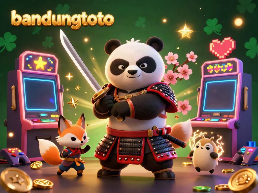 Experience thrilling action with bandungtoto, as a samurai panda and ninja fox engage in playful gaming challenge with vibrant slot machines.