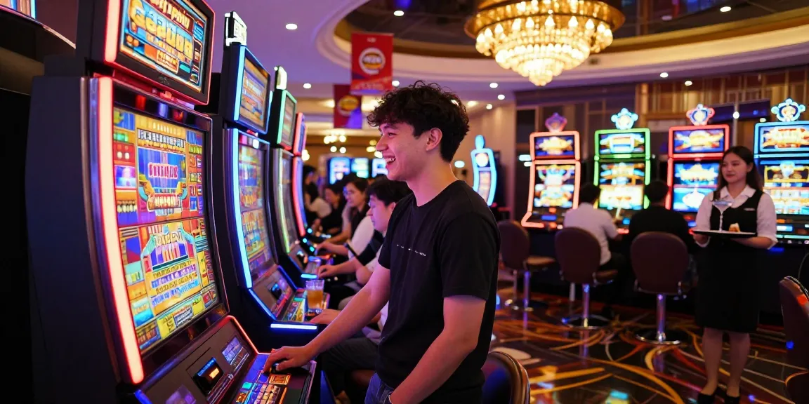 Excited player celebrating a win at a colorful slot jepang machine in a lively casino atmosphere.
