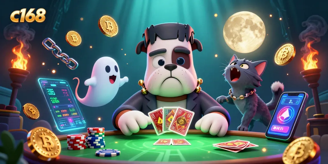 Experience the thrill of c168 with lively characters dealing cards at a casino table, surrounded by crypto elements.