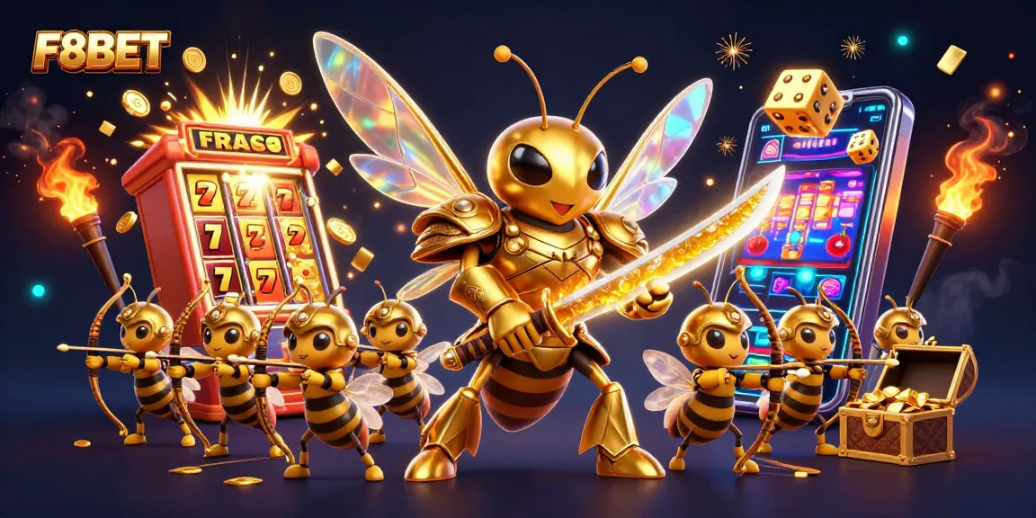 Experience excitement with the F8BET jackpot bursting from a 3D slot machine alongside vibrant casino elements.