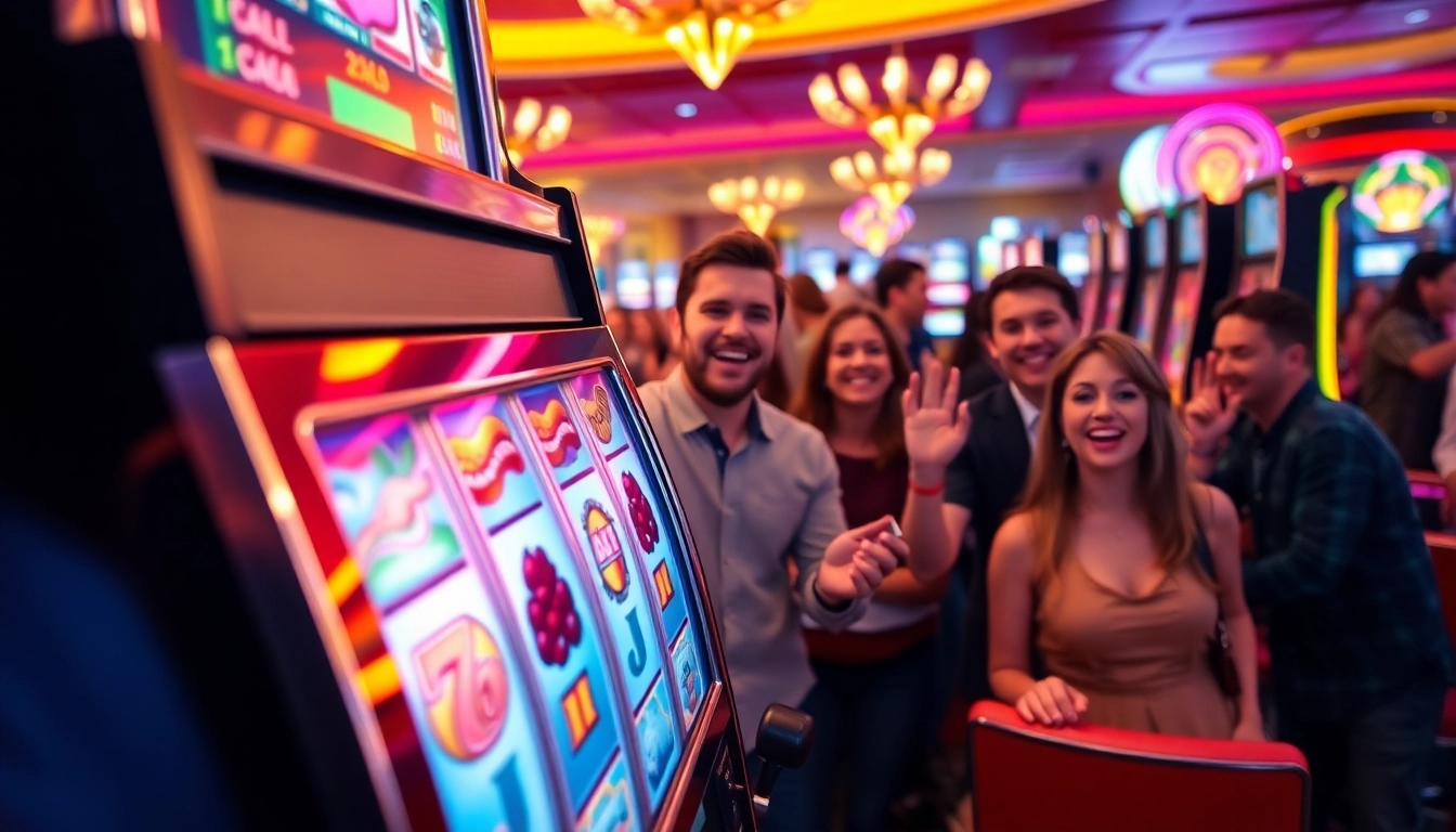 Engaging slot gambling scene with vibrant machines and excited players in a casino setting.