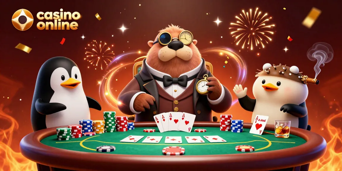 Il walrus giocando a carte al tavolo di poker del casino online con un pinguino dealer e un pesce puffer bluffante.