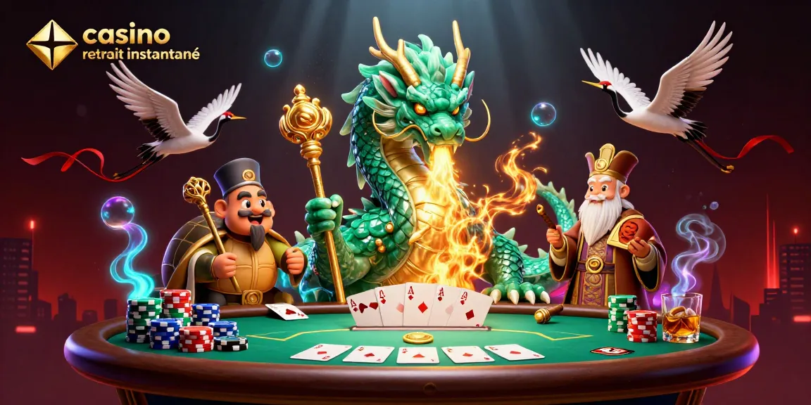 Expérimentez le casino crypto retrait instantané avec un dragon majestueux et des jetons de poker colorés.