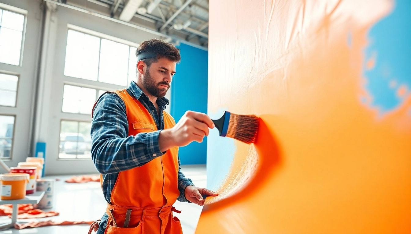 Experienced commercial paint contractor applying fresh coat of paint in a bright indoor environment.