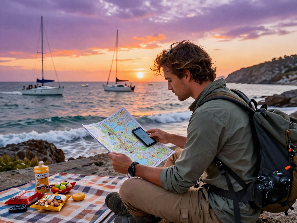 Planning a travel adventure with slot qris 5000 guidebook in scenic harbor at sunset.