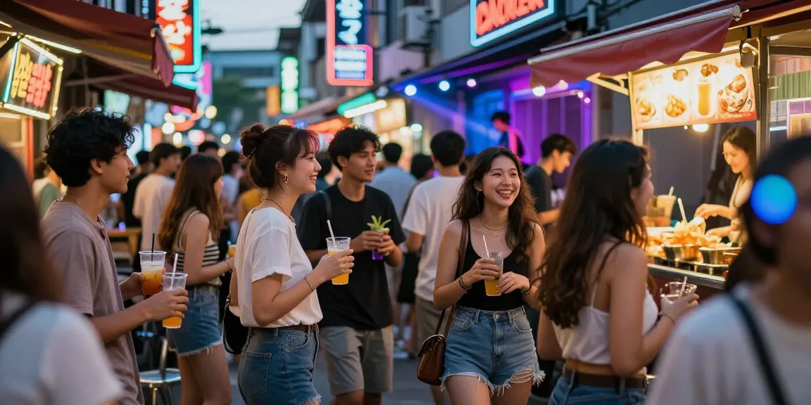 Dynamic nightlife scene at a 유흥사이트 with young adults enjoying vibrant urban entertainment.
