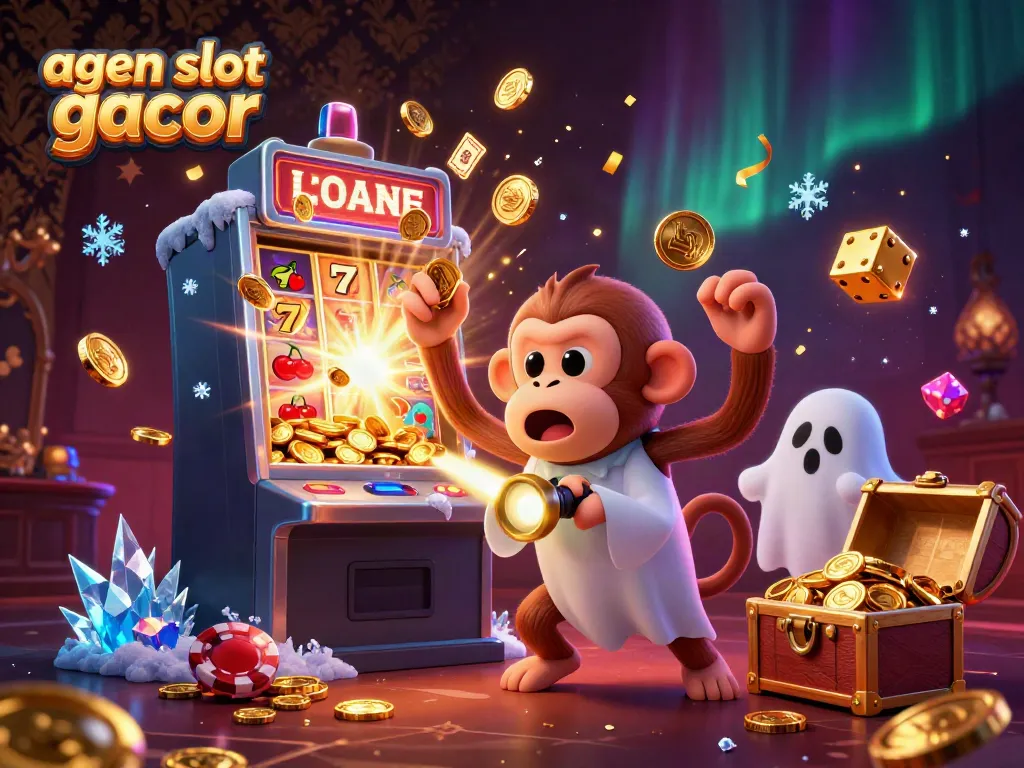 Experience agen slot gacor action with a playful monkey and ghost-hunter puppy in a vivid casino scene.