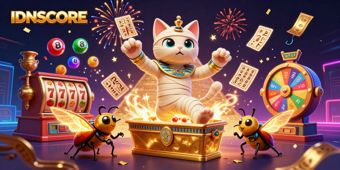 Experience thrilling gameplay with IDNSCORE as the Egyptian mummy cat and companions bring vibrant slot action to life.